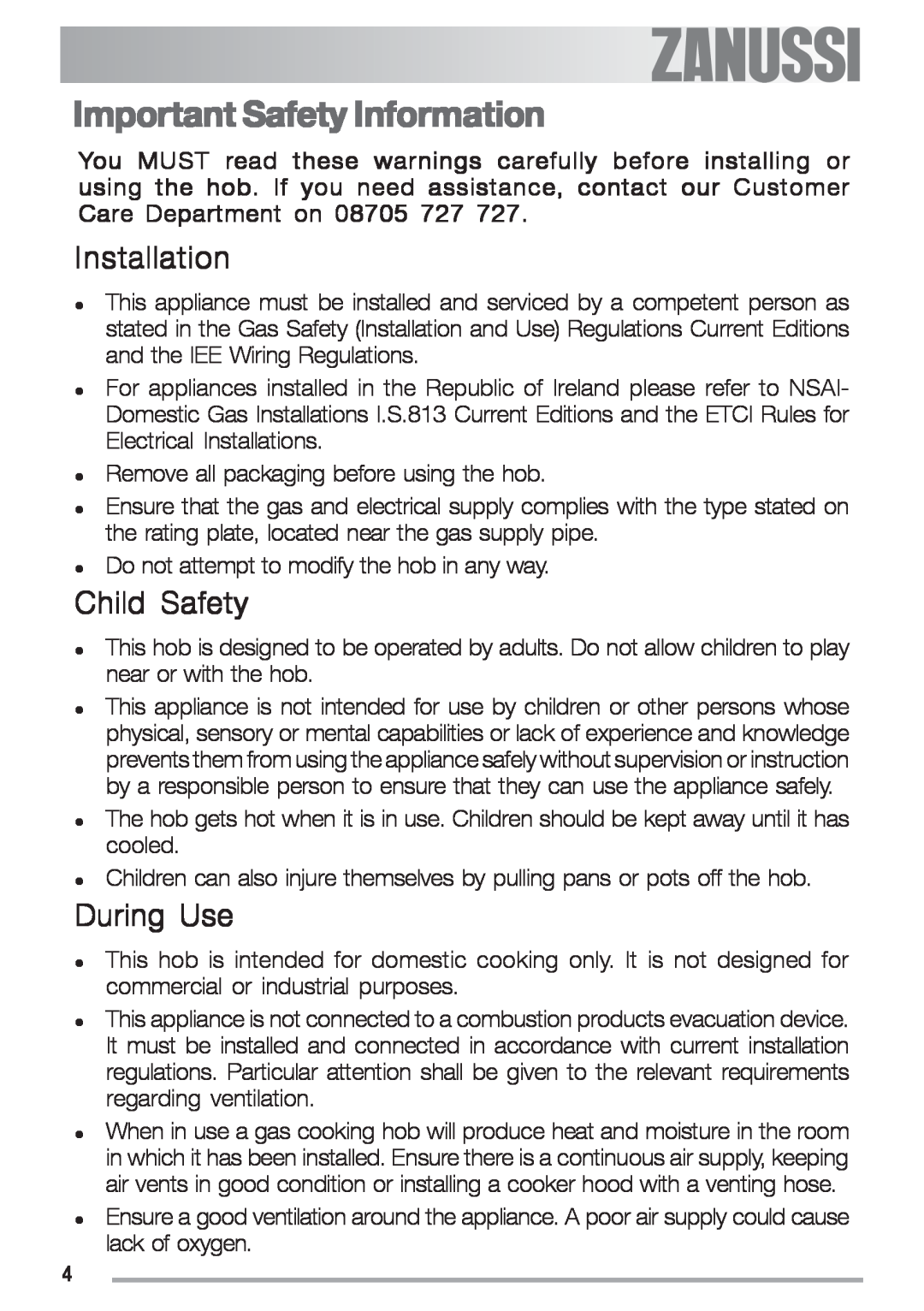 Zanussi ZGF 692 CT manual Important Safety Information, Installation, Child Safety, During Use 