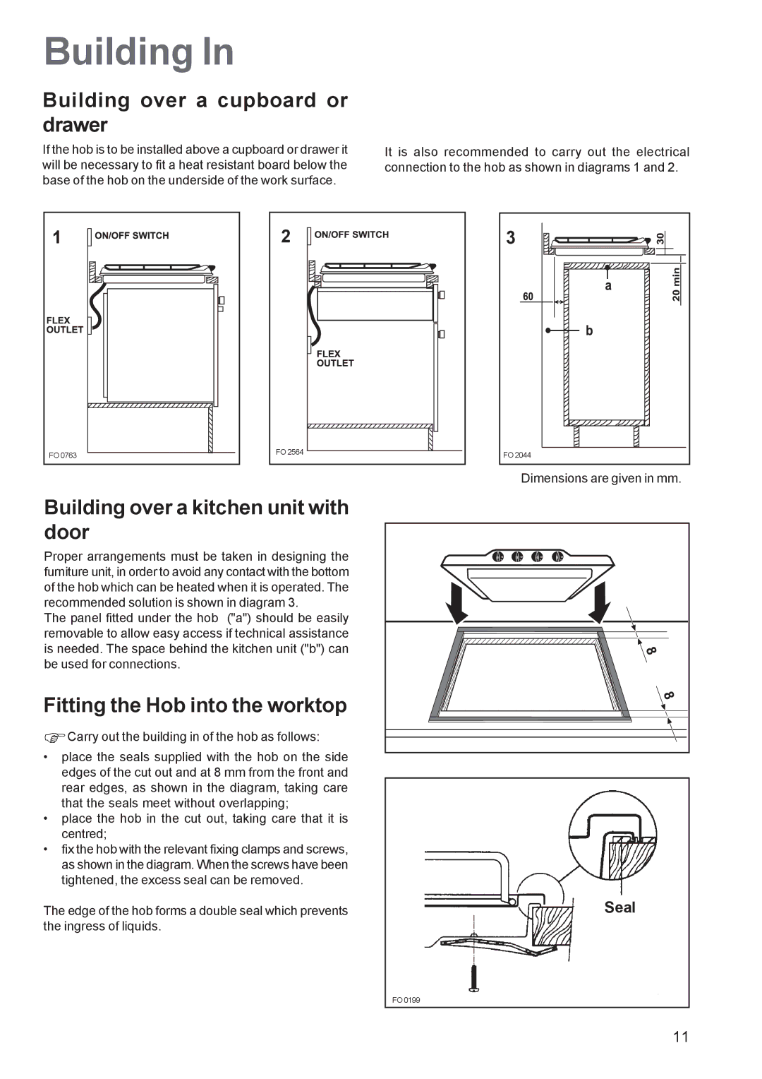 Zanussi ZGF 682, ZGF 692 manual Building over a cupboard or drawer, Building over a kitchen unit with door 