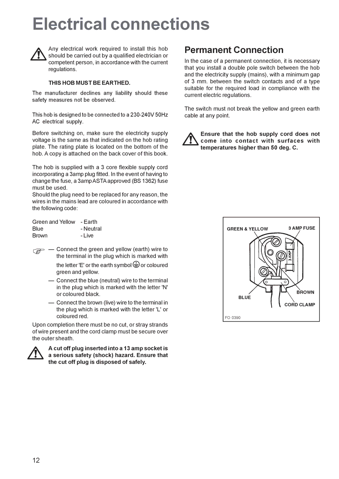 Zanussi ZGF 692, ZGF 682 manual Electrical connections, Permanent Connection 