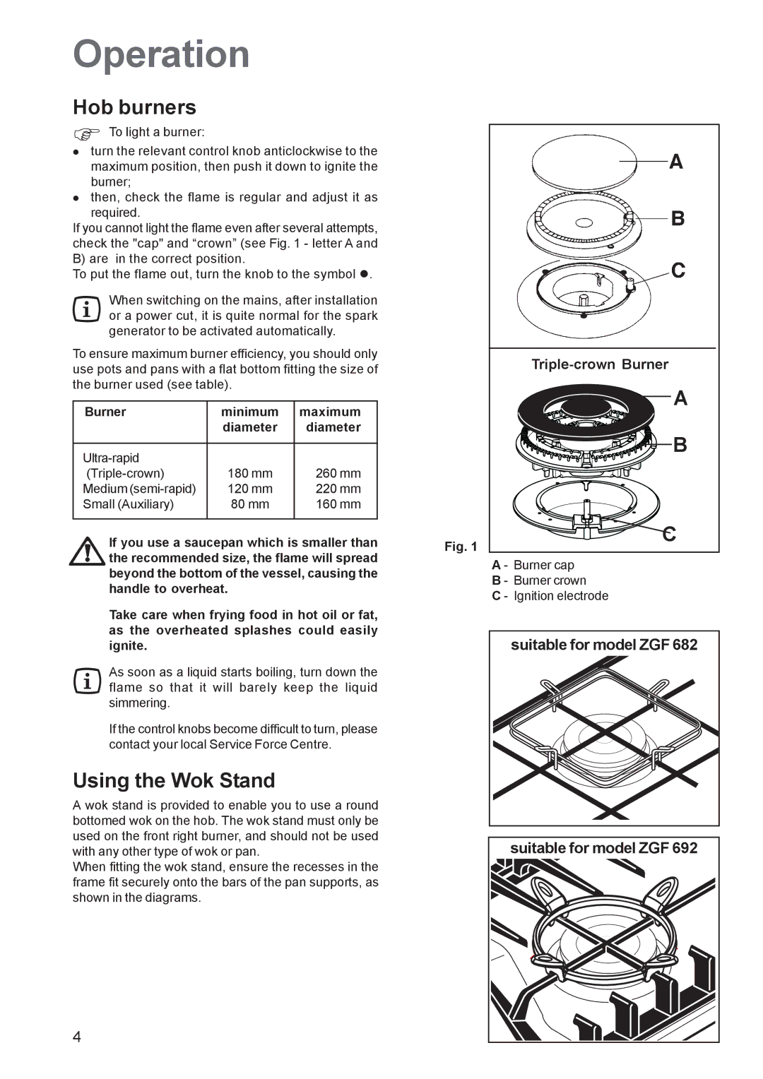 Zanussi ZGF 692, ZGF 682 manual Operation, Hob burners, Using the Wok Stand, Burner Minimum Maximum Diameter 