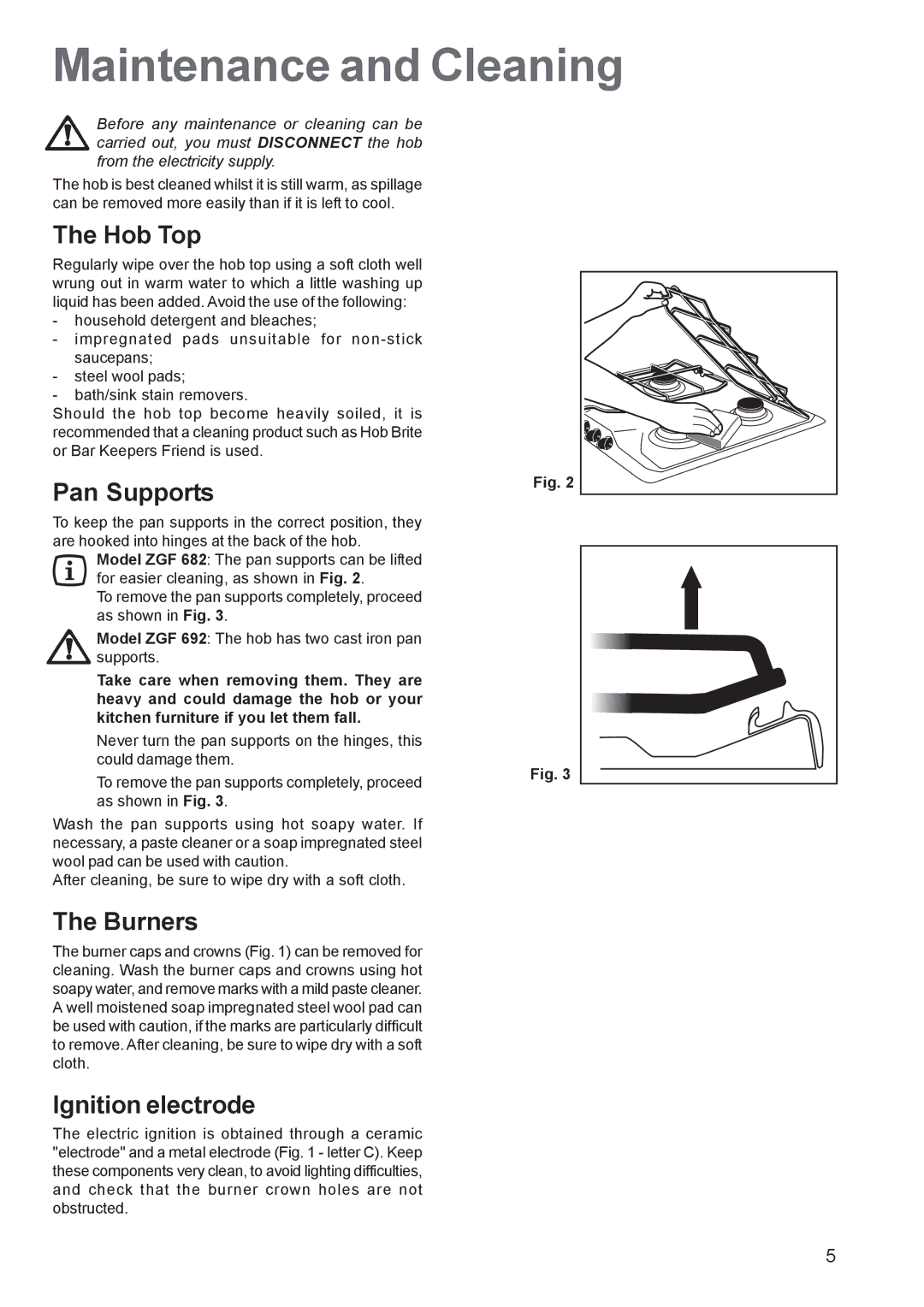 Zanussi ZGF 682, ZGF 692 manual Maintenance and Cleaning, Hob Top, Pan Supports, Burners, Ignition electrode 