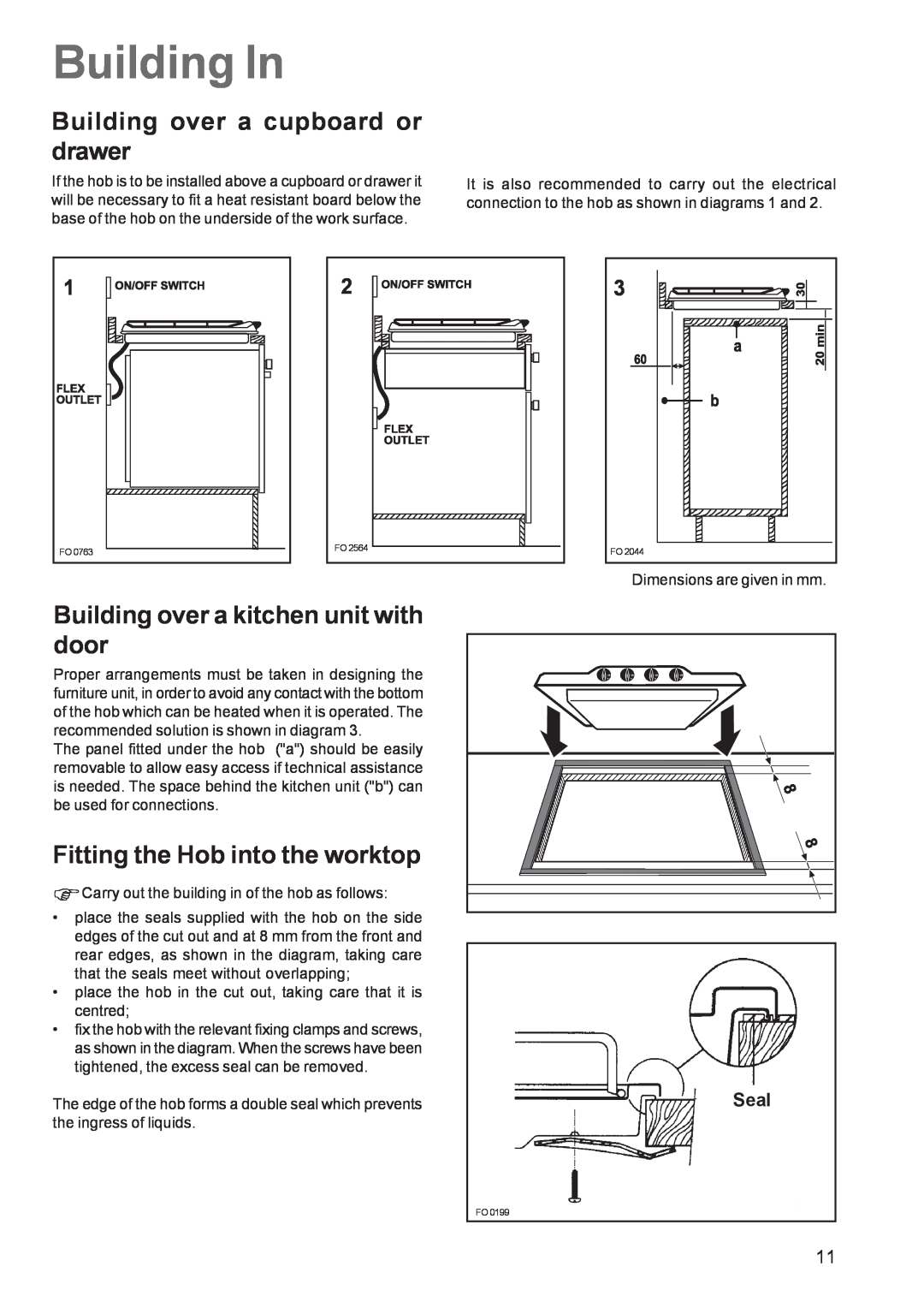 Zanussi ZGF 682, ZGF 692 Building In, Building over a cupboard or drawer, Building over a kitchen unit with door, Seal 