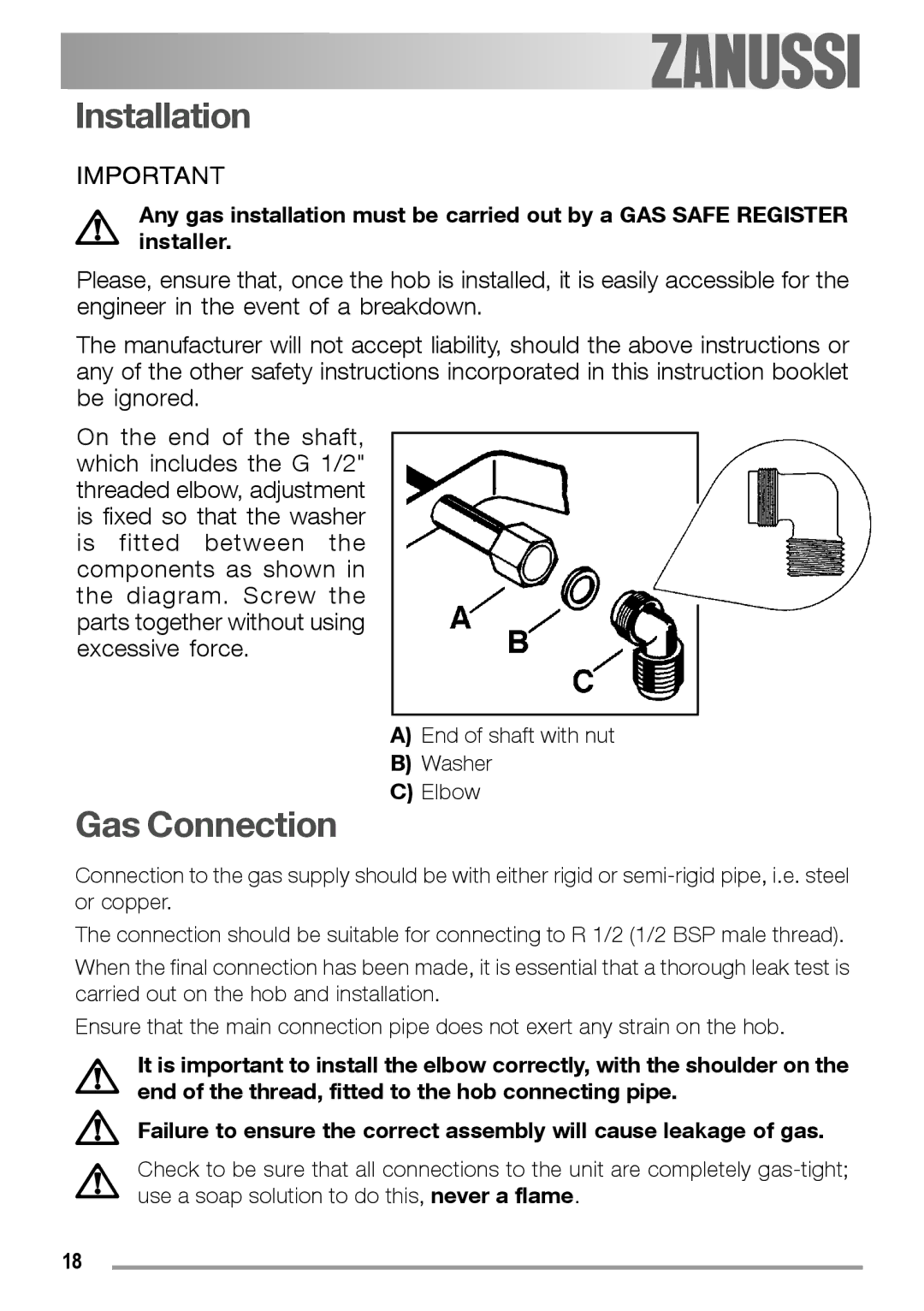 Zanussi ZGF 780 IT manual Installation, Gas Connection 