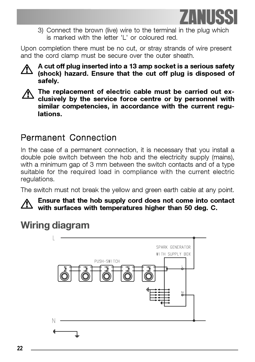 Zanussi ZGF 780 IT manual Wiring diagram, Permanent Connection 