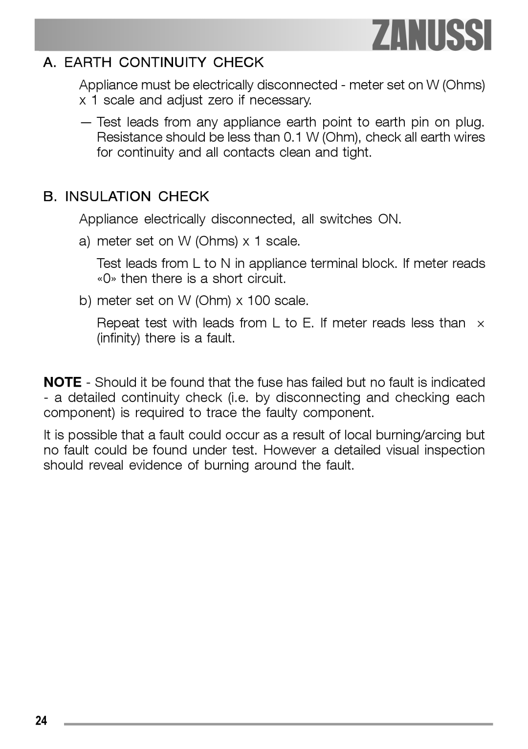 Zanussi ZGF 780 IT manual Earth Continuity Check 