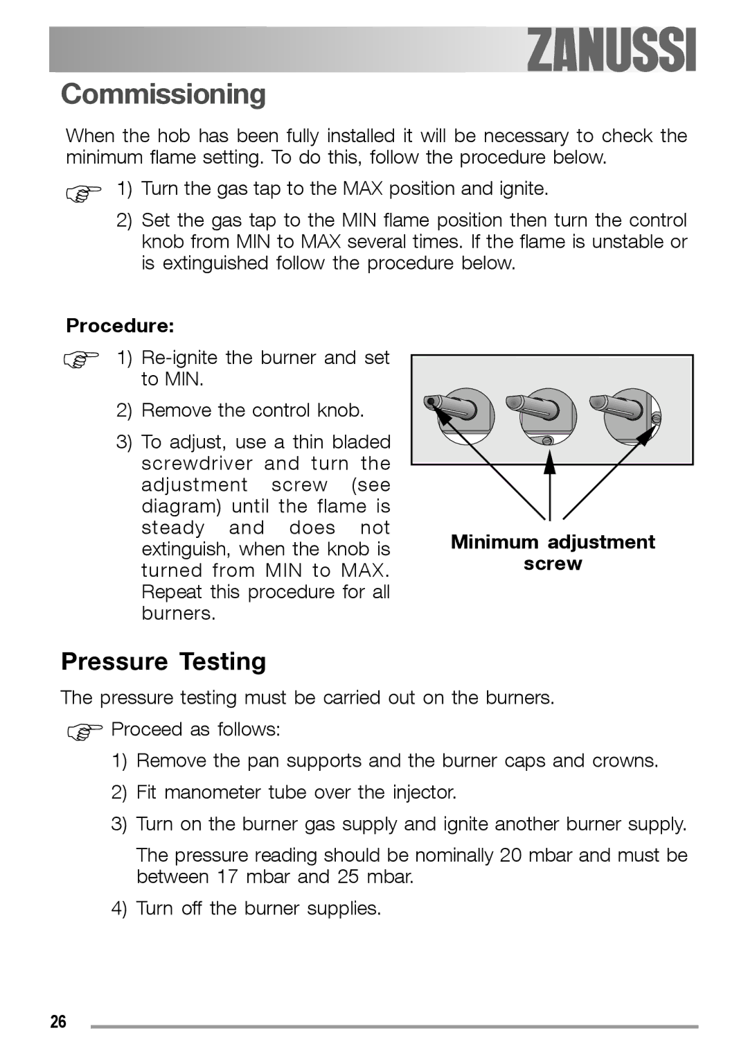 Zanussi ZGF 780 IT manual Commissioning, Pressure Testing 