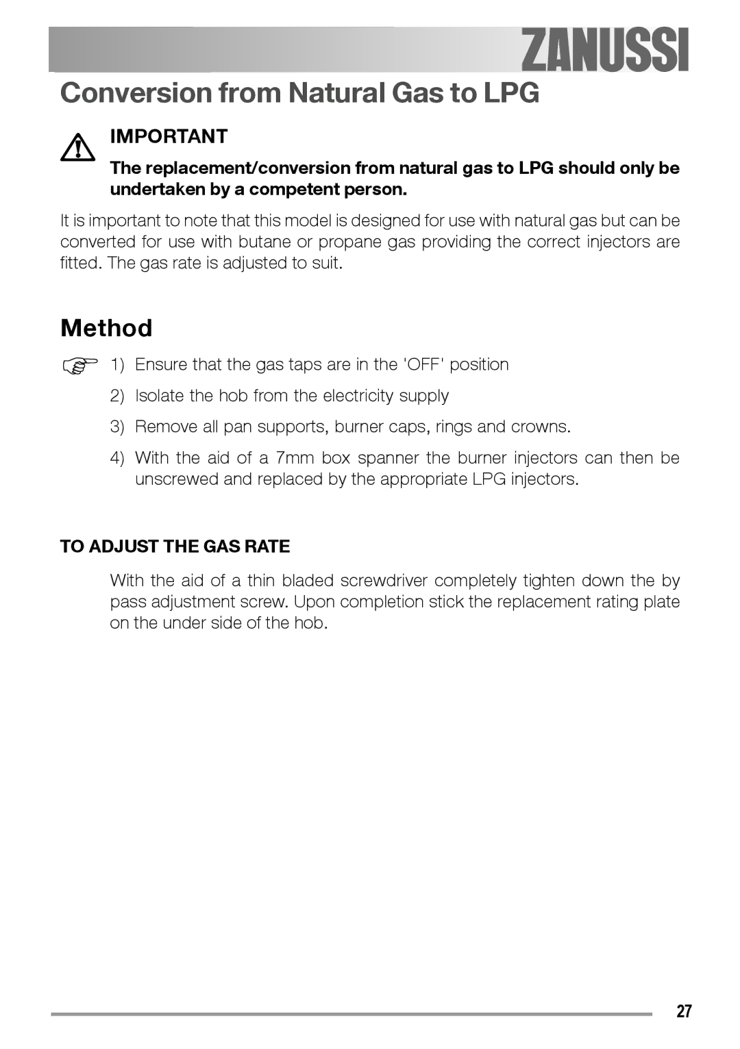 Zanussi ZGF 780 IT manual Conversion from Natural Gas to LPG, Method 