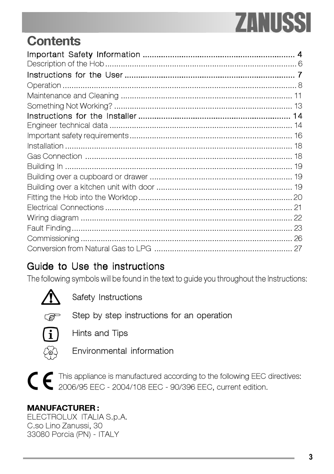 Zanussi ZGF 780 IT manual Contents 