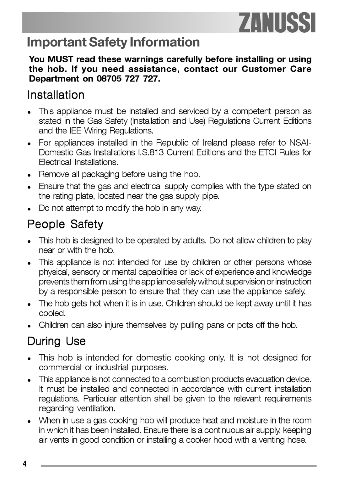 Zanussi ZGF 780 IT manual Important Safety Information, Installation, People Safety, During Use 