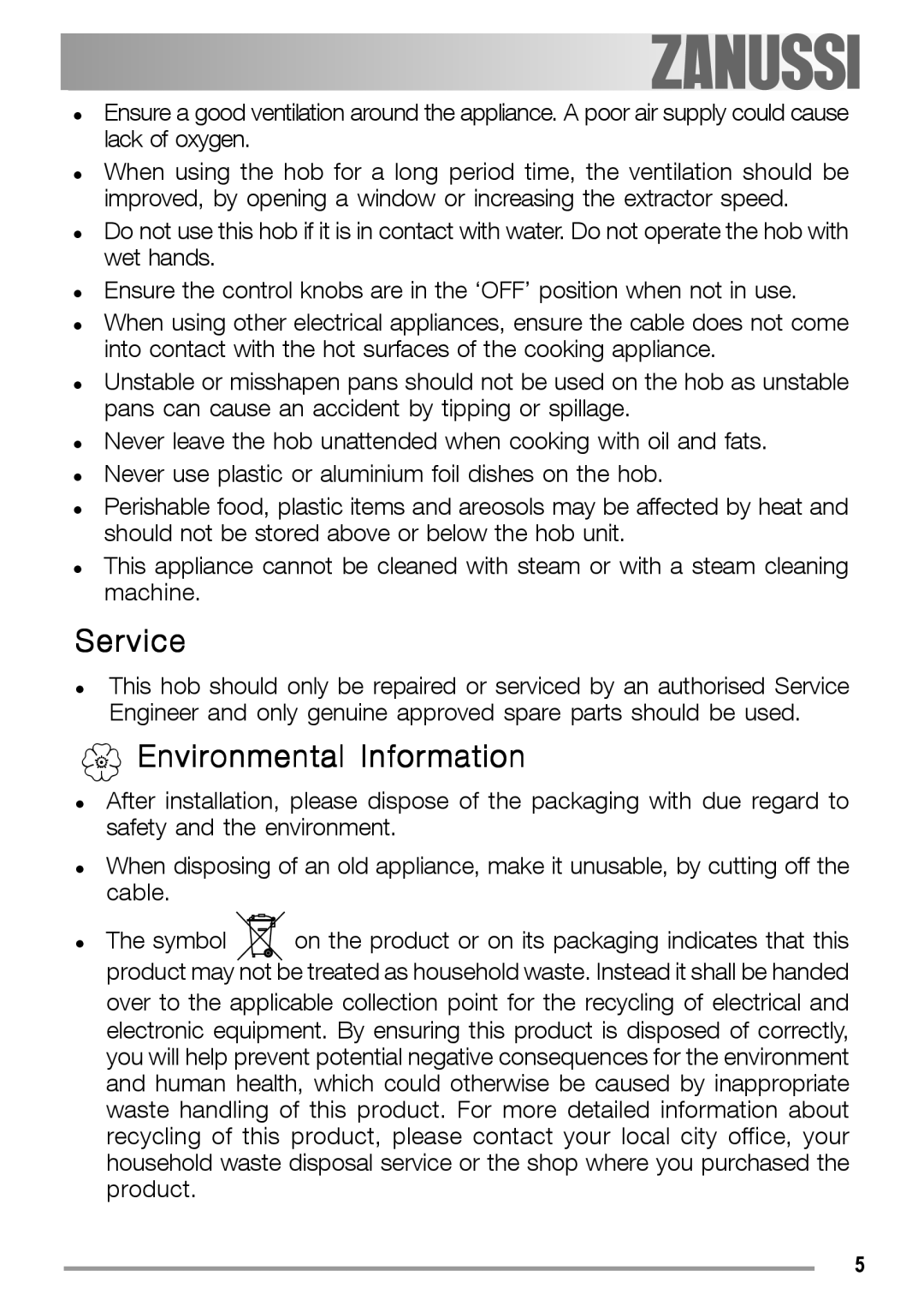 Zanussi ZGF 780 IT manual Service, Environmental Information 