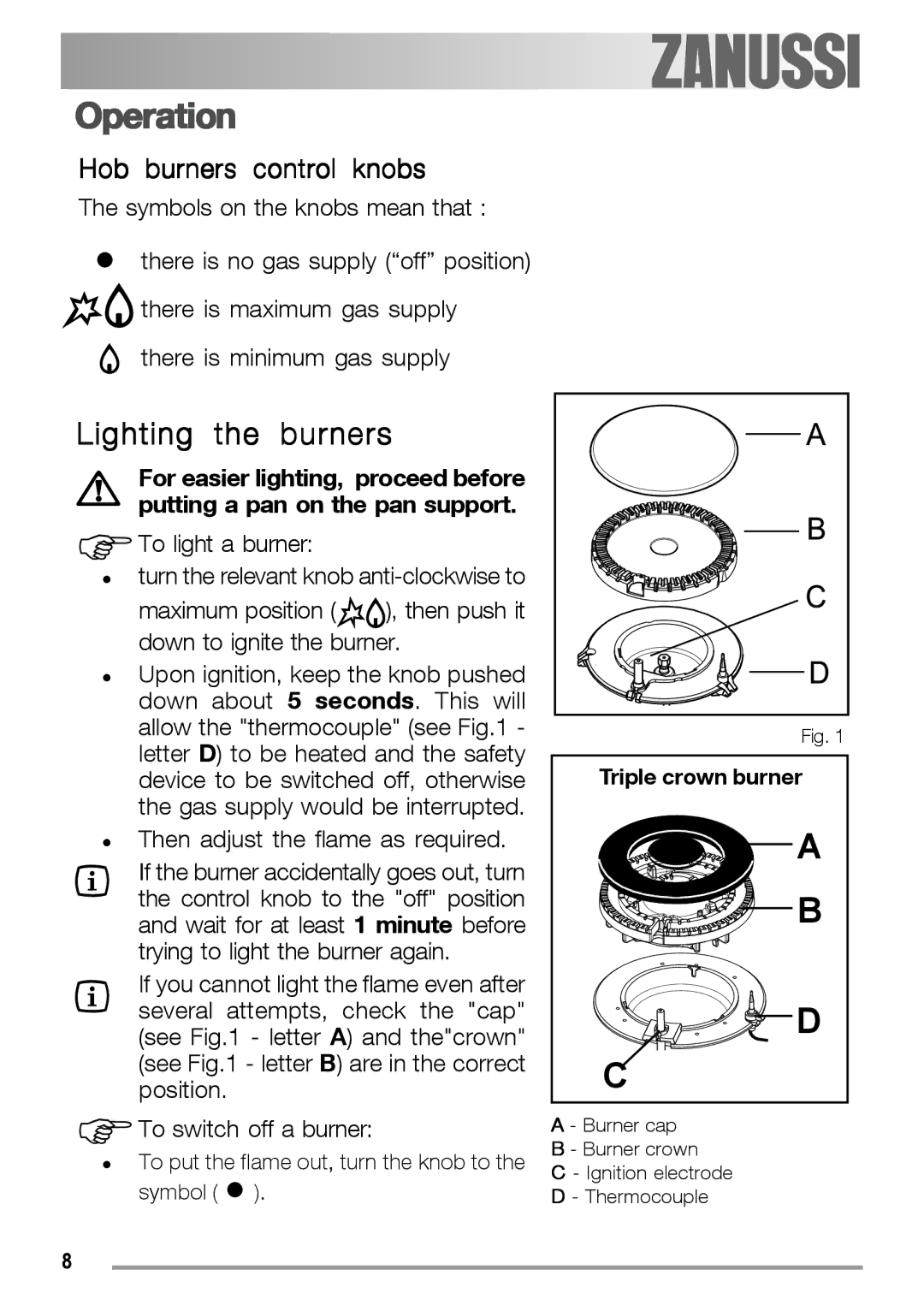 Zanussi ZGF 780 IT manual Operation, Lighting the burners 