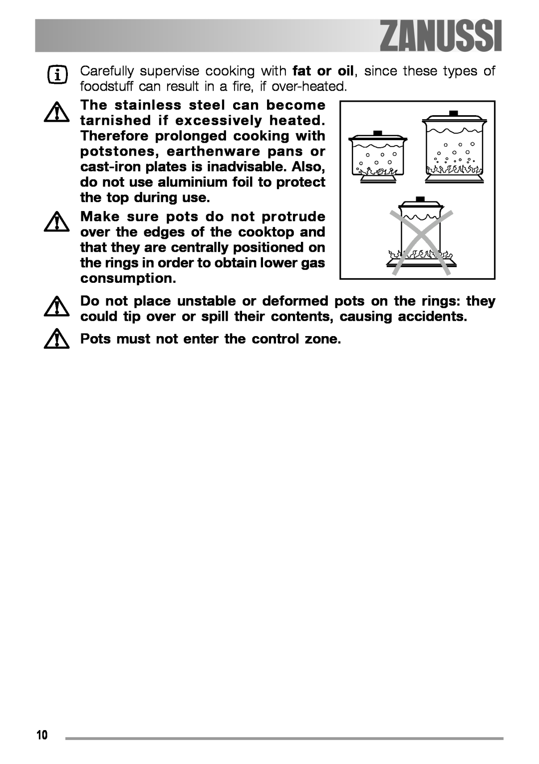 Zanussi ZGF 780 IT manual Pots must not enter the control zone 