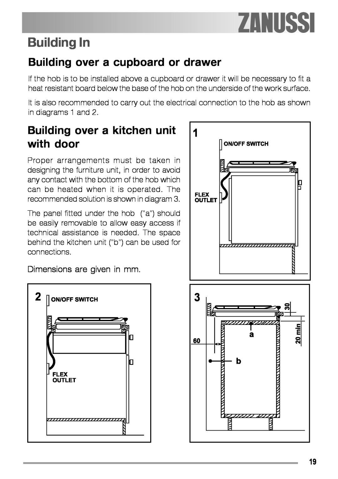 Zanussi ZGF 780 IT manual Building In, Building over a cupboard or drawer, Building over a kitchen unit with door 