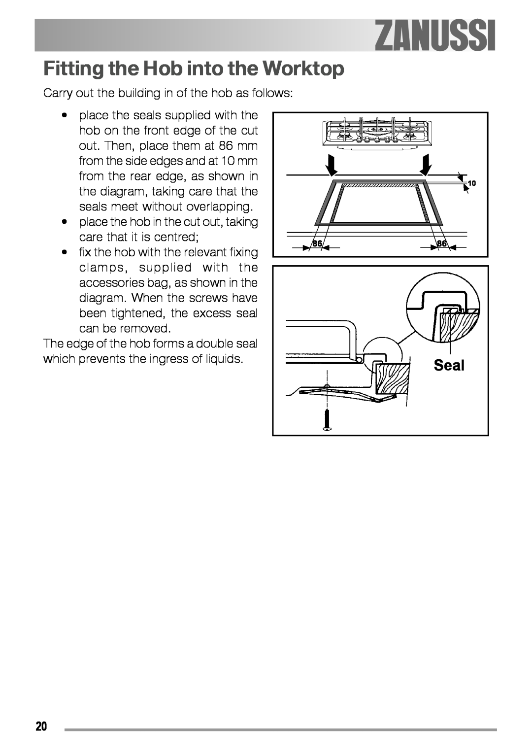 Zanussi ZGF 780 IT manual Fitting the Hob into the Worktop, Seal 