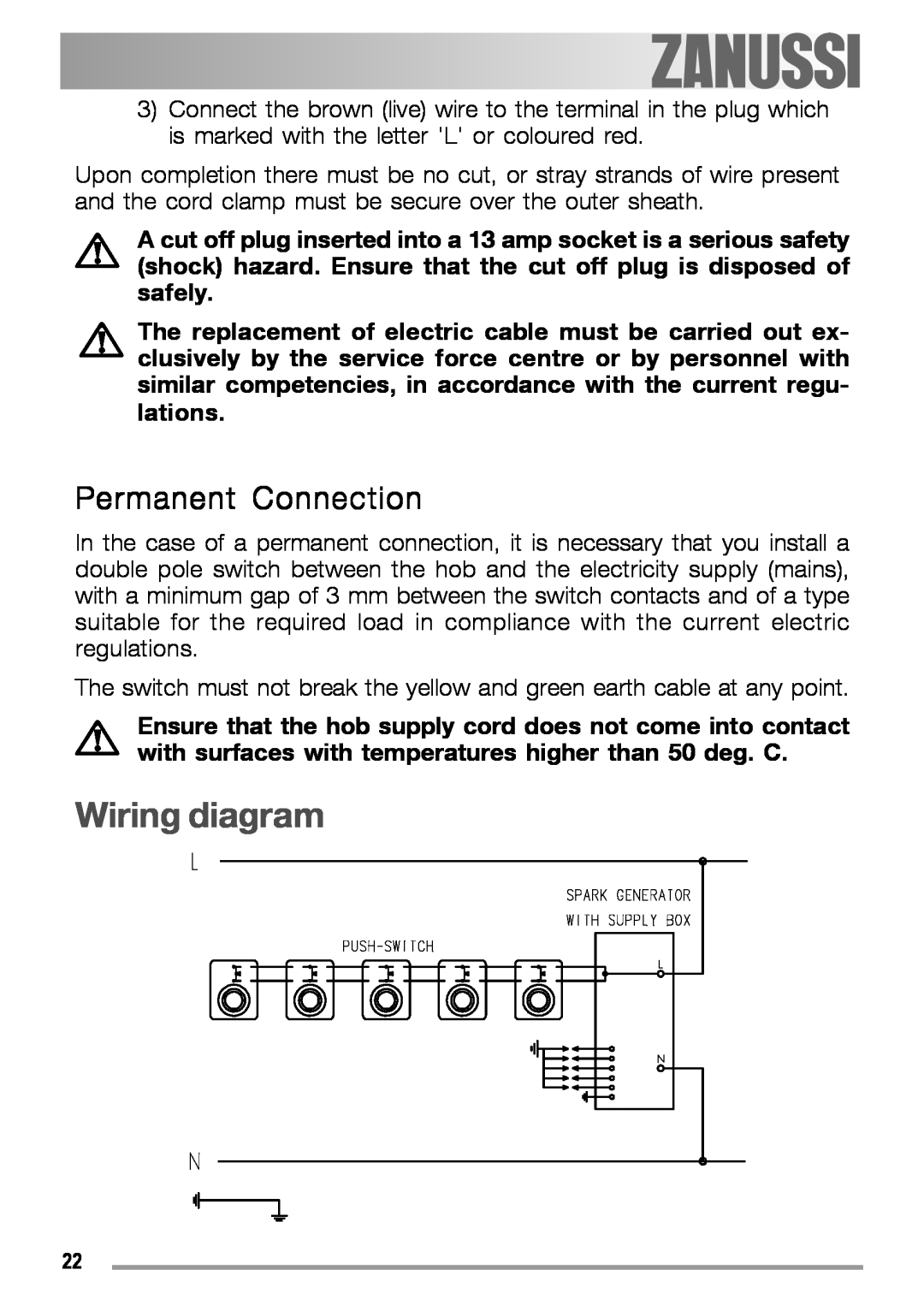 Zanussi ZGF 780 IT manual Wiring diagram, Permanent Connection 