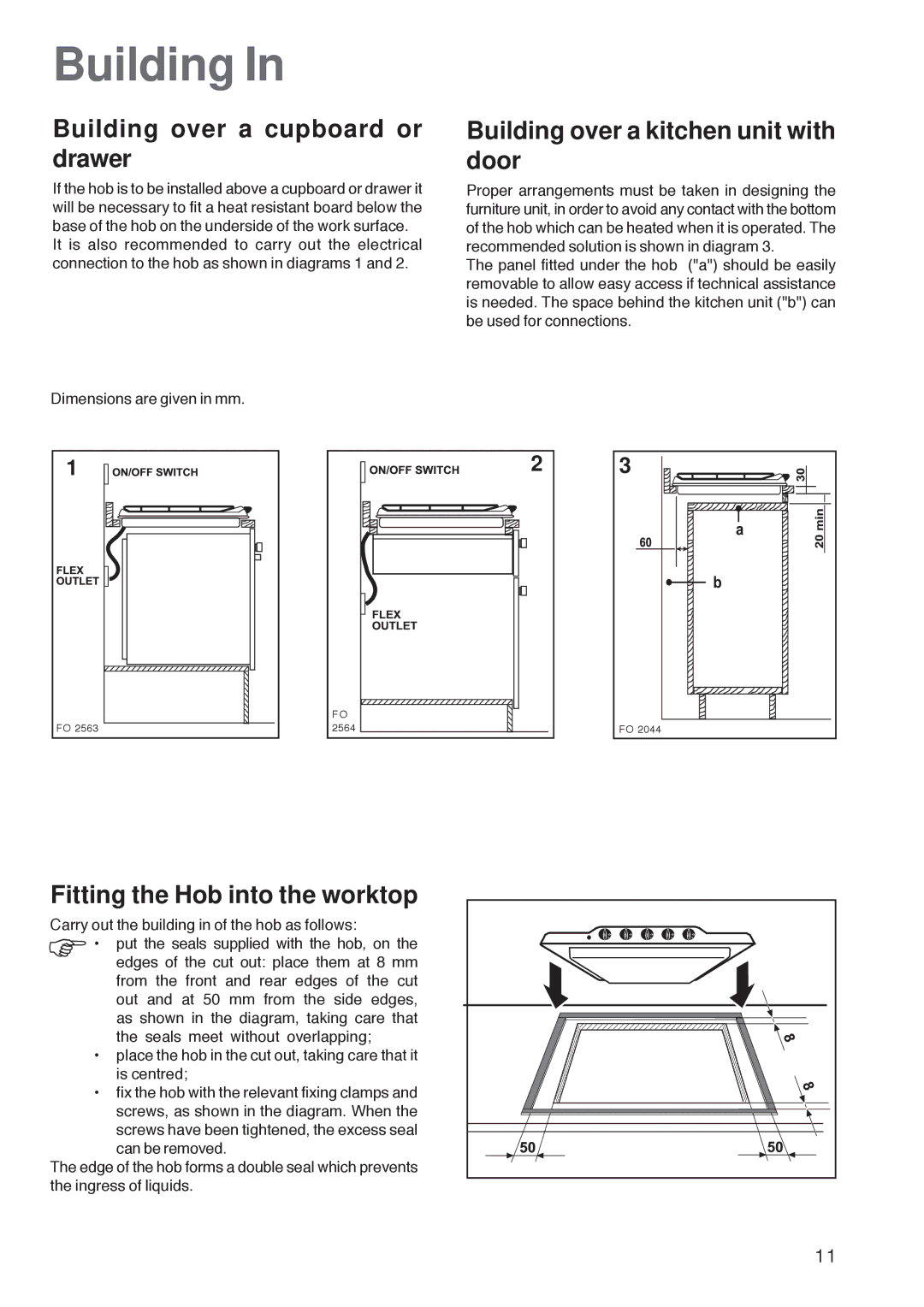 Zanussi ZGF 782 CTX, ZGF 782 CTN manual Building over a cupboard or drawer, Building over a kitchen unit with door 