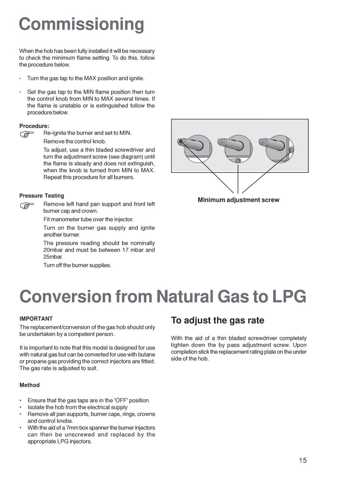 Zanussi ZGF 782 CTX Commissioning, Conversion from Natural Gas to LPG, To adjust the gas rate, Pressure Testing, Method 