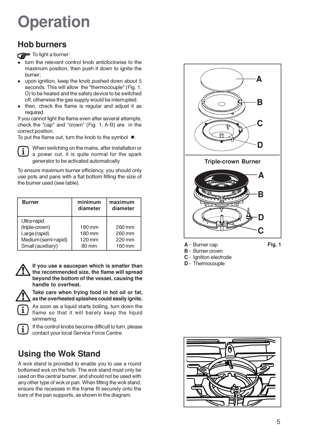 Zanussi ZGF 782 CTX, ZGF 782 CTN manual Operation, Hob burners, Using the Wok Stand, Burner Minimum Maximum Diameter 