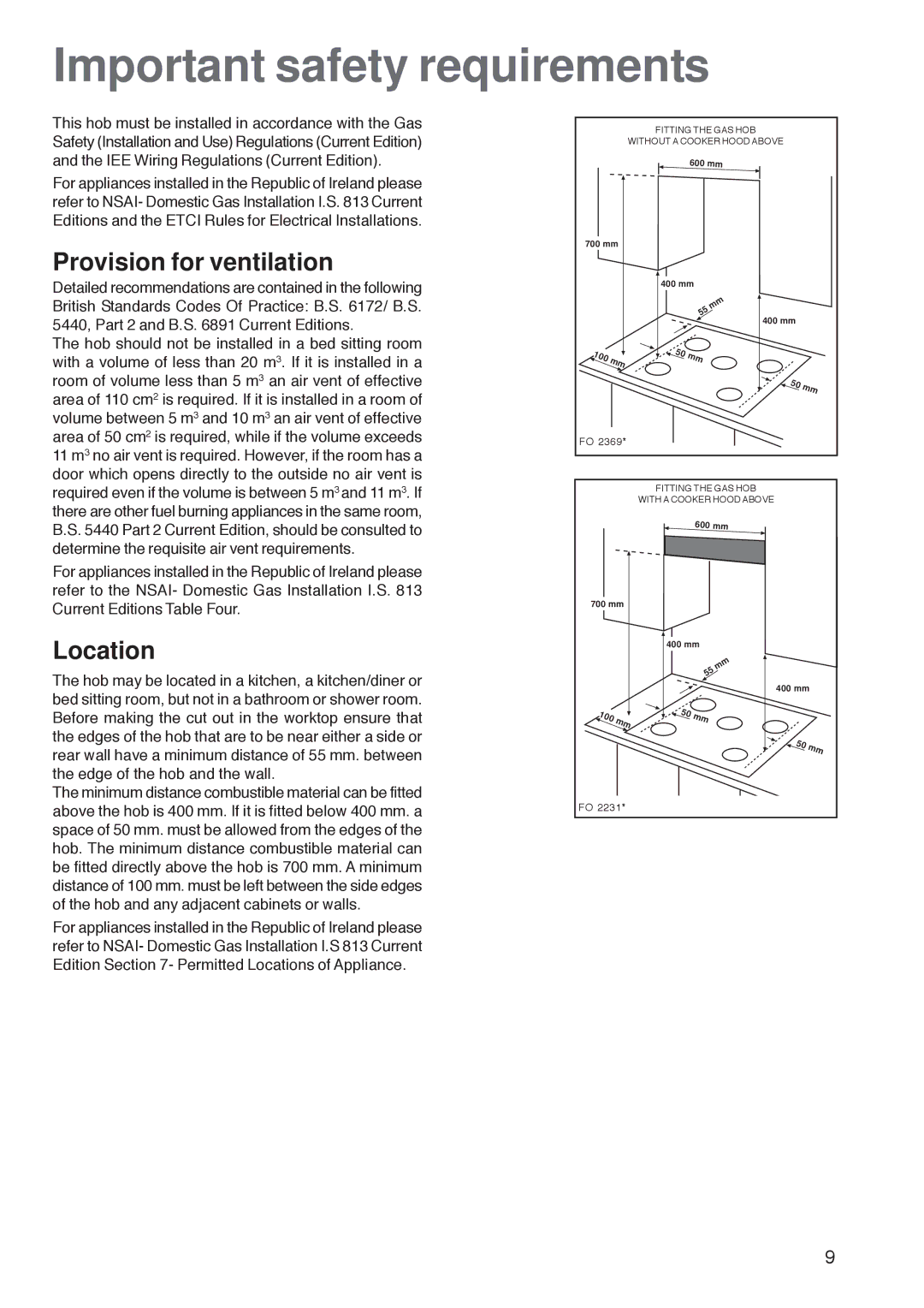 Zanussi ZGF 782 CTX, ZGF 782 CTN manual Important safety requirements, Provision for ventilation, Location 