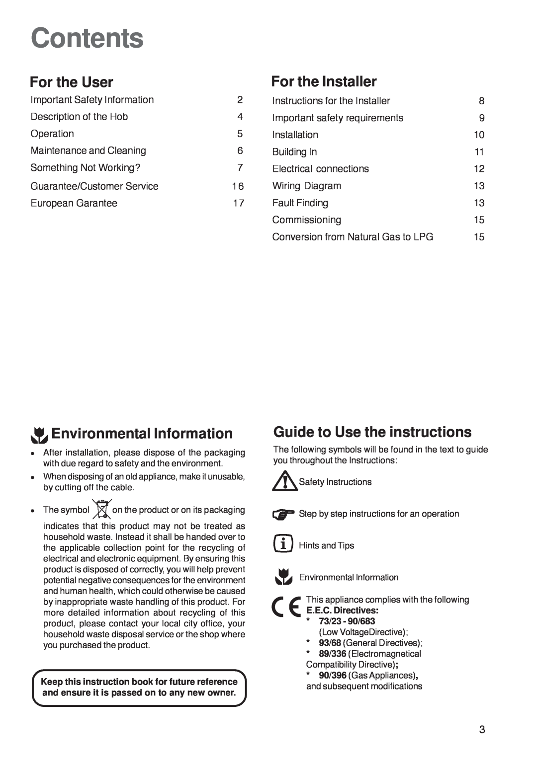 Zanussi ZGF 782 CTX Contents, For the User, For the Installer, Environmental Information, Guide to Use the instructions 