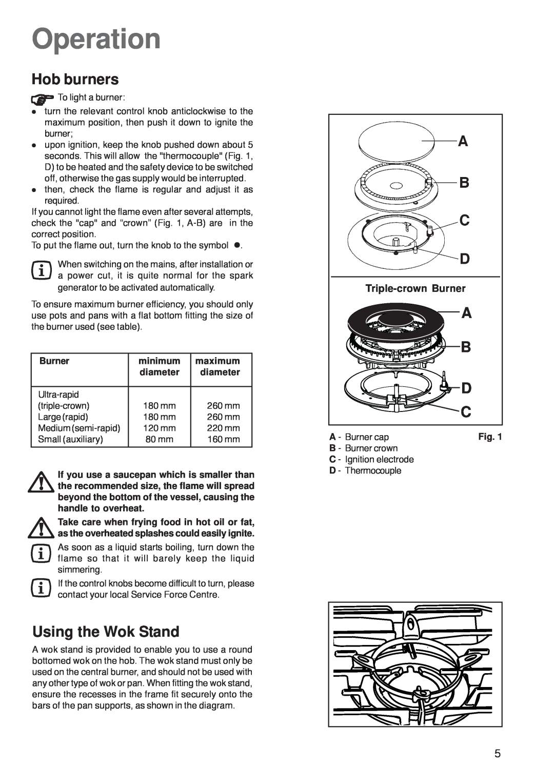Zanussi ZGF 782 CTX manual Operation, Hob burners, Using the Wok Stand, Triple-crown Burner, minimum, maximum, diameter 