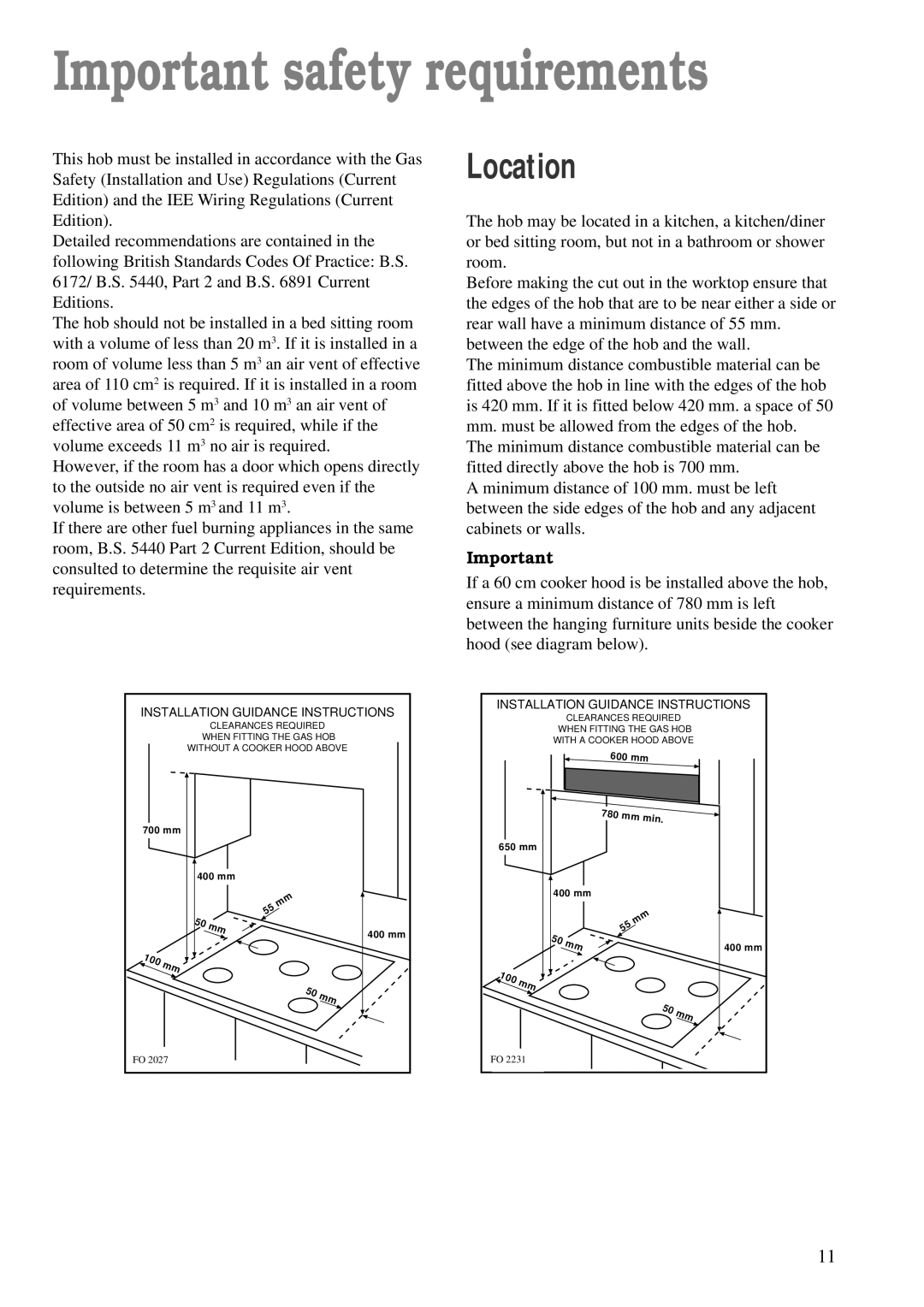 Zanussi ZGF 782 manual Important safety requirements, Location 