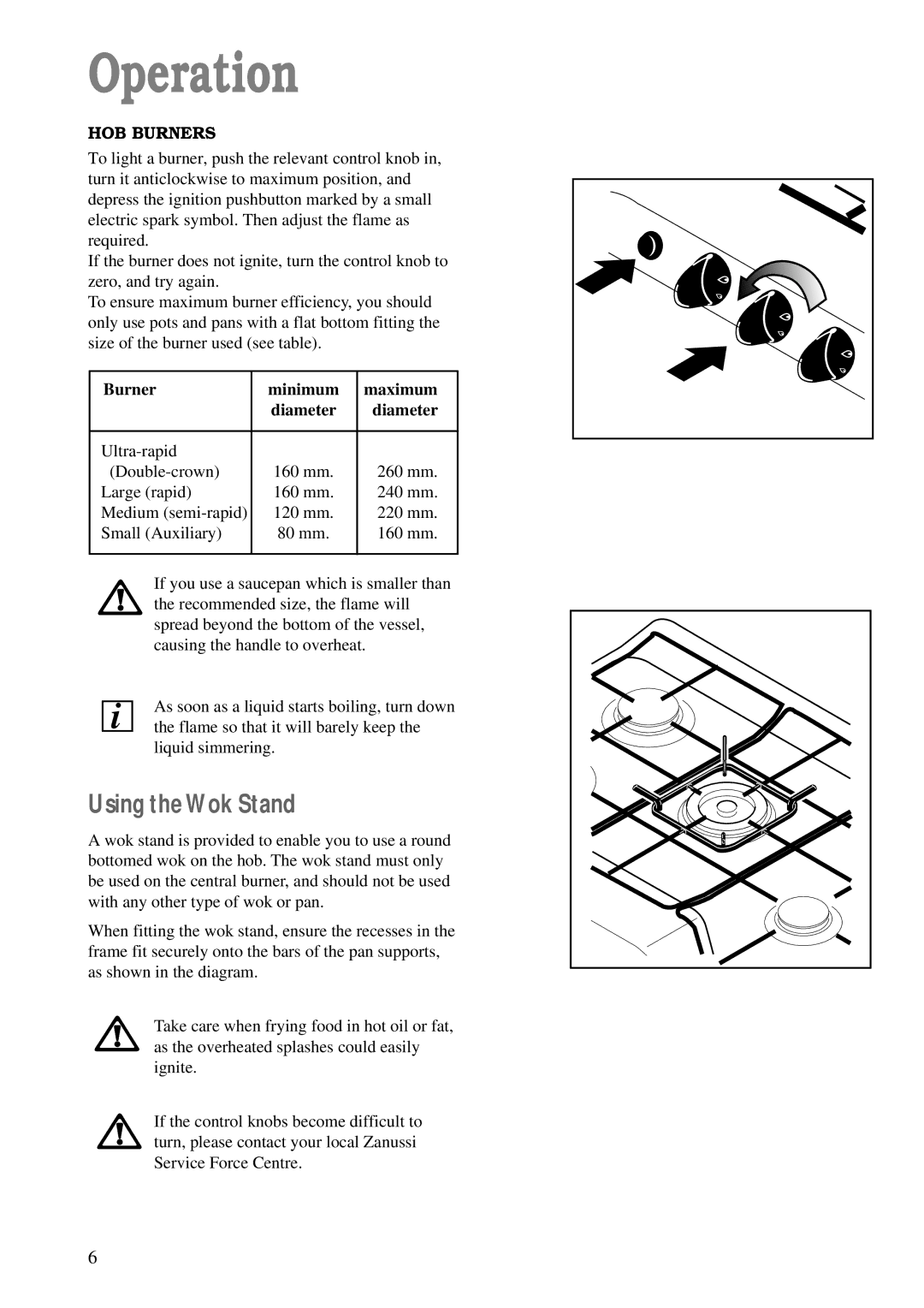 Zanussi ZGF 782 manual Operation, Using the Wok Stand, HOB Burners, Burner Minimum Maximum, Diameter 