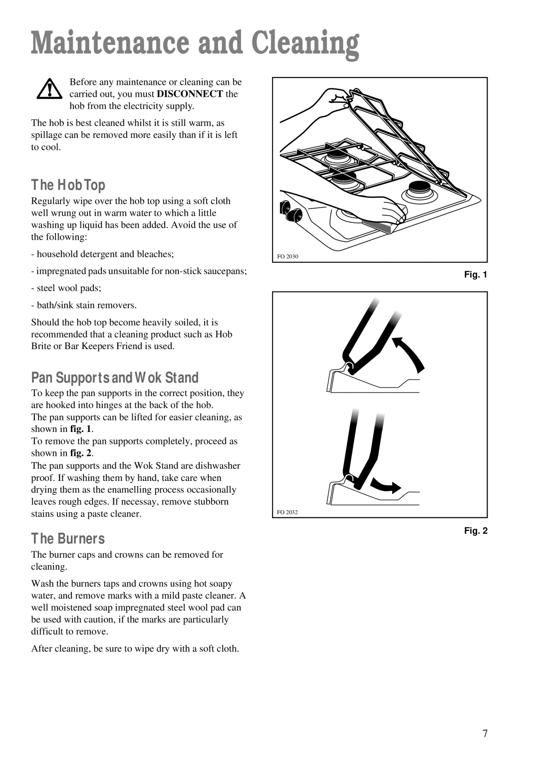 Zanussi ZGF 782 manual Maintenance and Cleaning, HobTop, Pan Supports and Wok Stand, Burners 