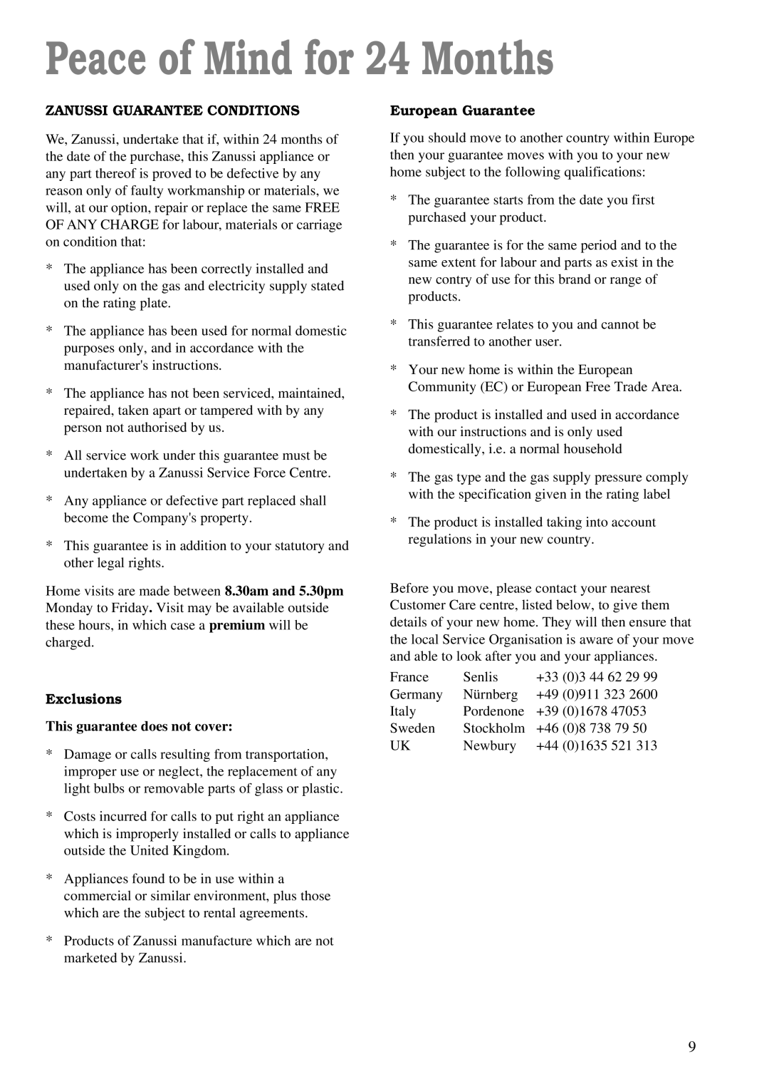 Zanussi ZGF 782 manual Peace of Mind for 24 Months, Zanussi Guarantee Conditions, Exclusions This guarantee does not cover 