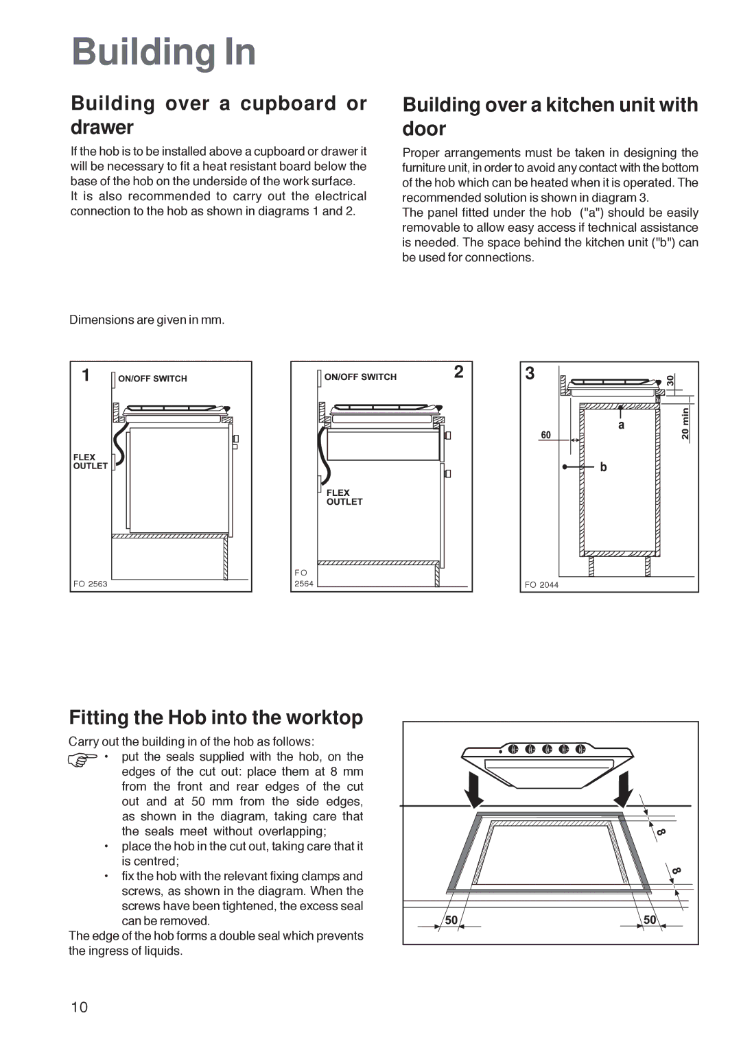 Zanussi ZGF 7820 manual Building over a cupboard or drawer, Building over a kitchen unit with door 