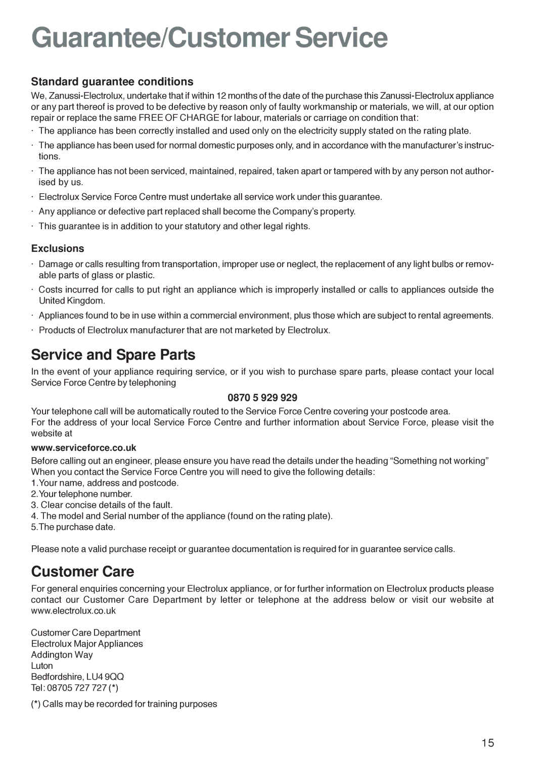 Zanussi ZGF 7820 manual Service and Spare Parts, Customer Care 