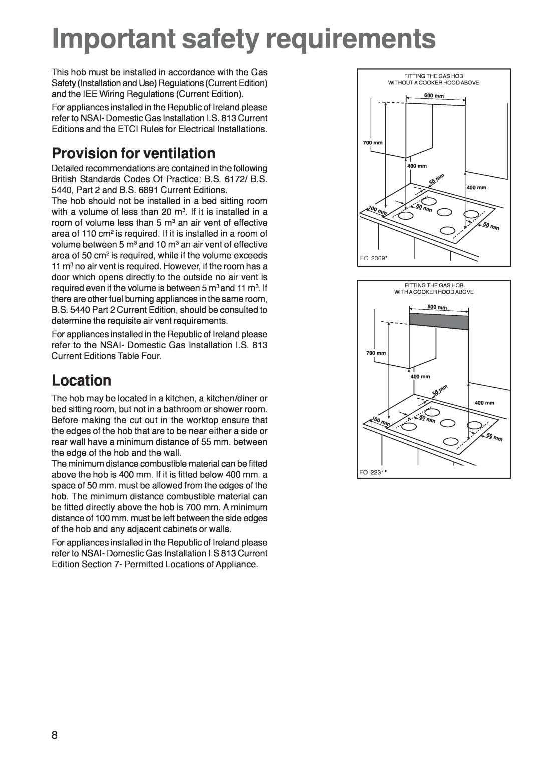 Zanussi ZGF 7820 manual Important safety requirements, Provision for ventilation, Location 