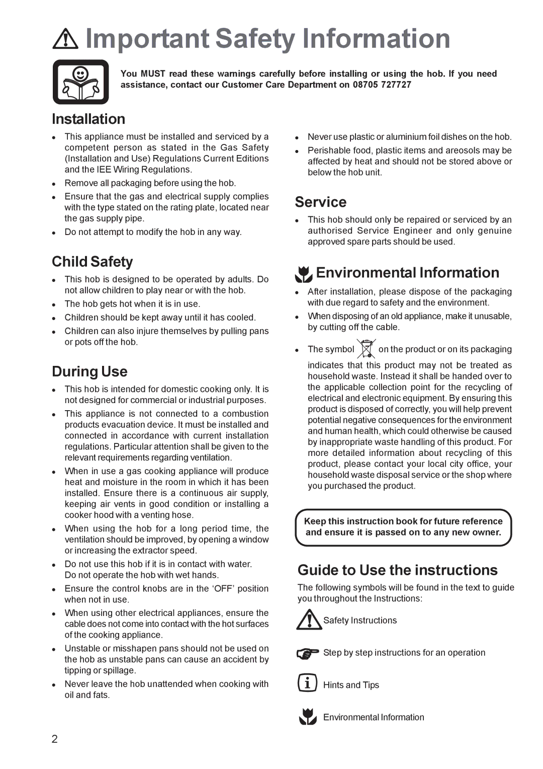 Zanussi ZGF 982 manual Important Safety Information 