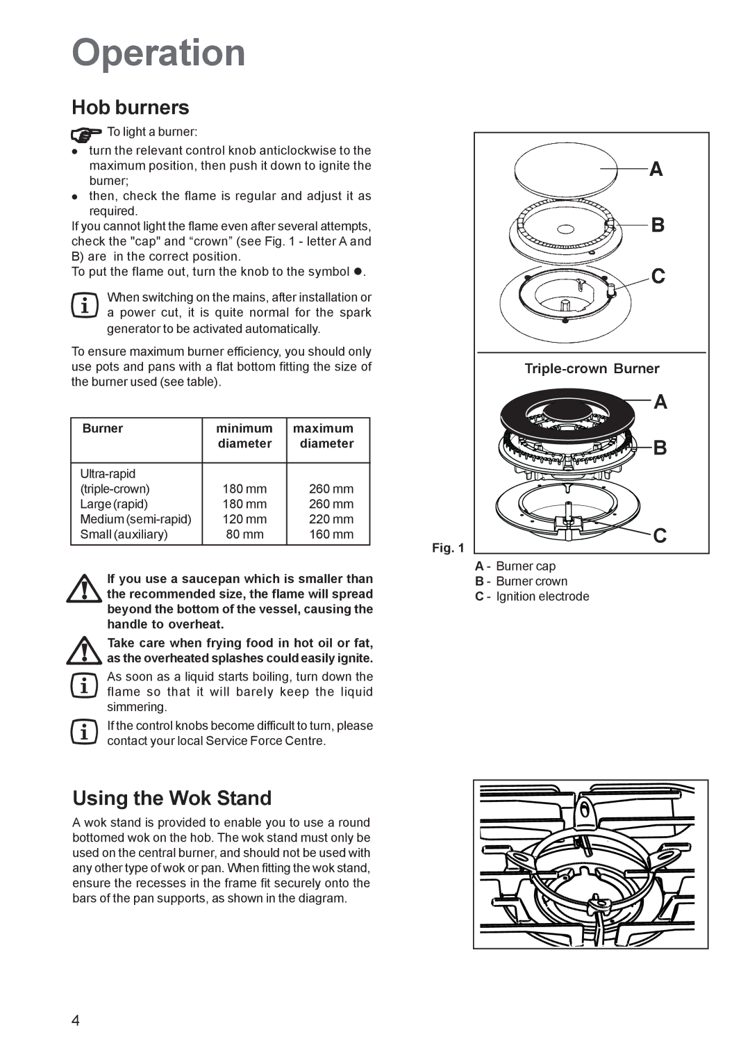 Zanussi ZGF 982 manual Operation, Hob burners, Using the Wok Stand, Burner Minimum Maximum Diameter 