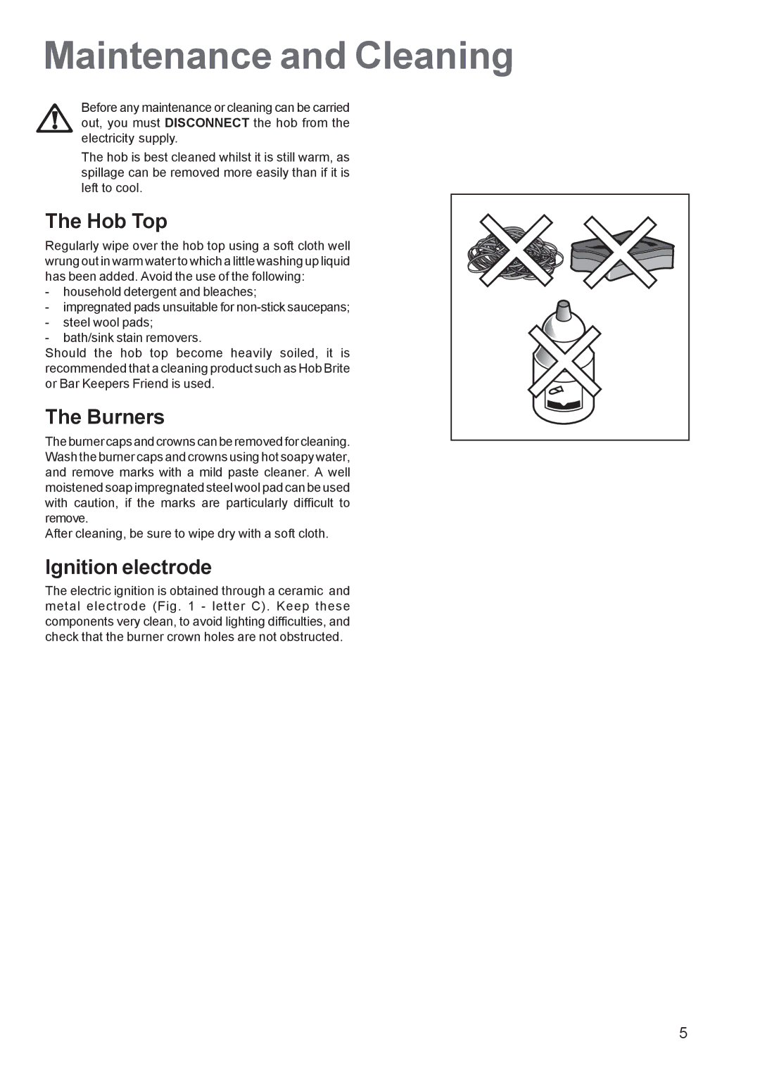 Zanussi ZGF 982 manual Maintenance and Cleaning, Hob Top, Burners, Ignition electrode 
