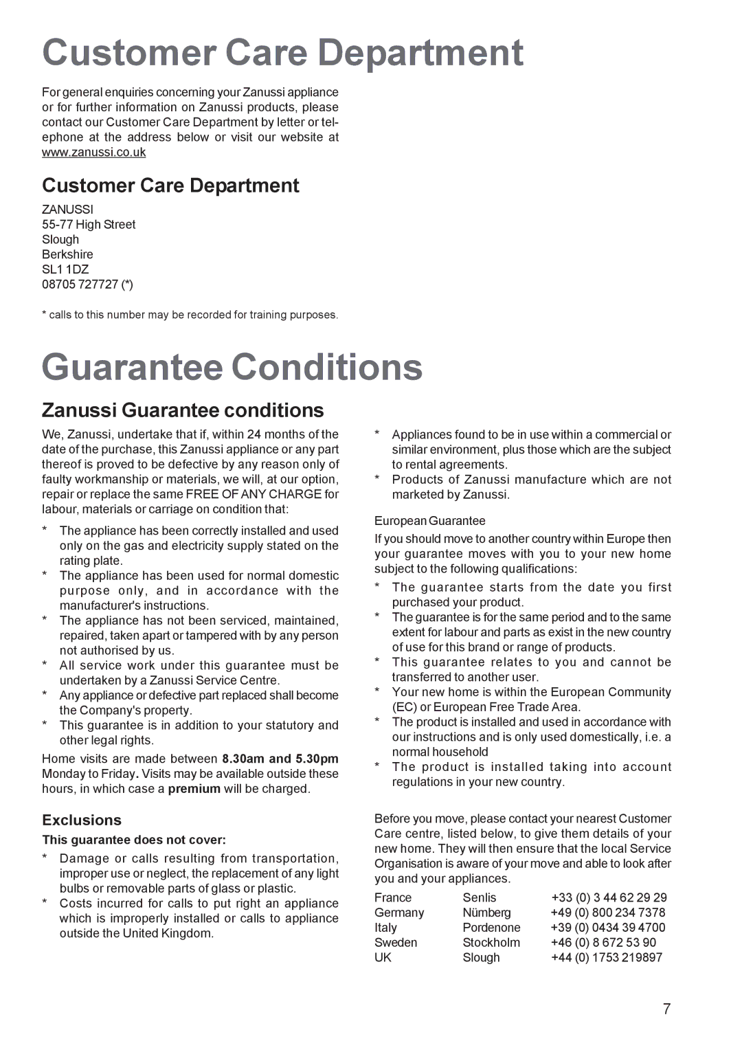 Zanussi ZGF 982 manual Customer Care Department, Guarantee Conditions, Zanussi Guarantee conditions 