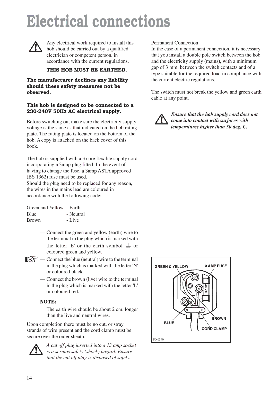 Zanussi ZGF 982 manual Electrical connections, This HOB Must be Earthed 