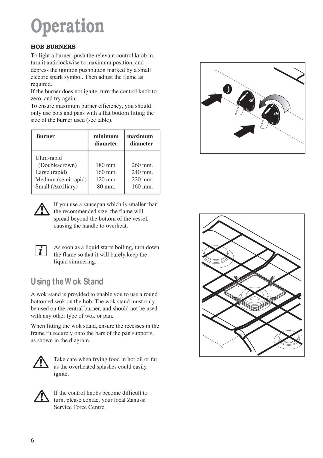 Zanussi ZGF 982 manual Operation, Using theWok Stand, HOB Burners, Burner Minimum Maximum, Diameter 