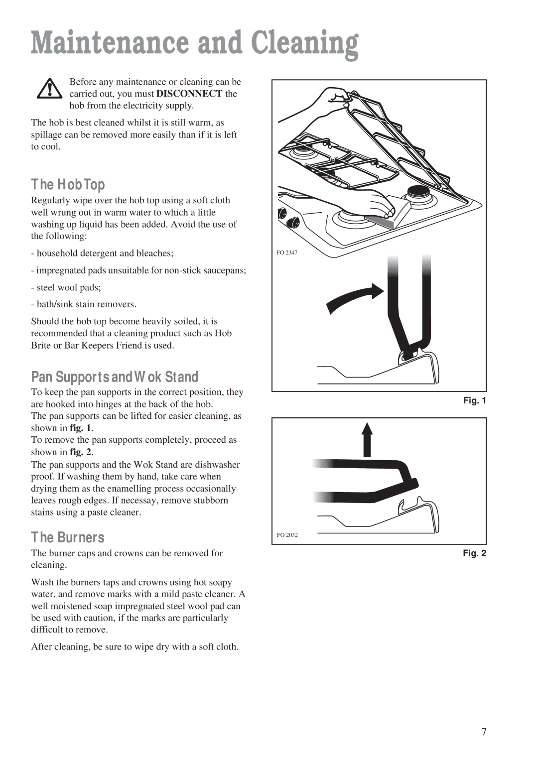 Zanussi ZGF 982 manual Maintenance and Cleaning, HobTop, Pan Supports andWok Stand, Burners 