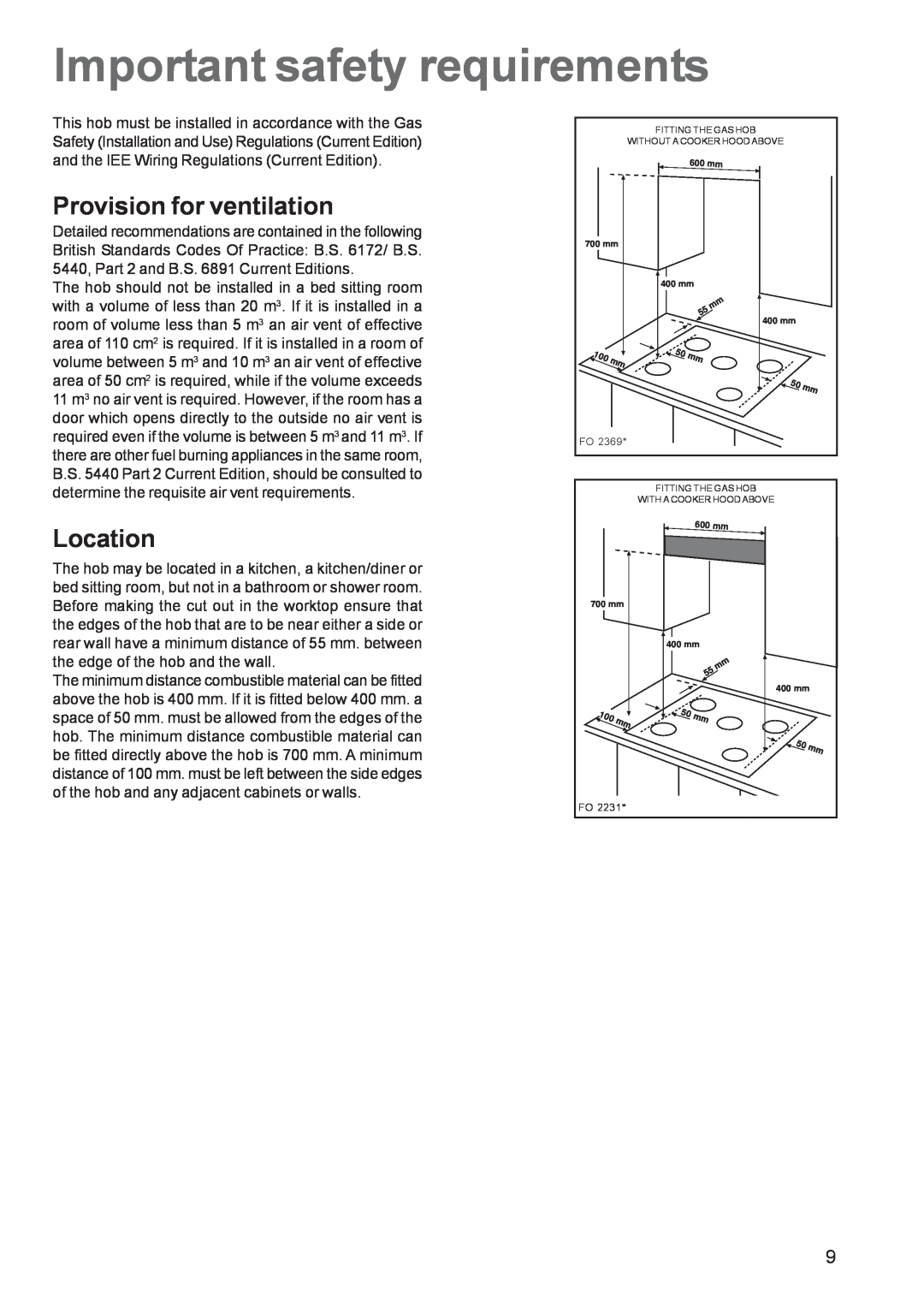 Zanussi ZGF 982 manual Important safety requirements, Provision for ventilation, Location 