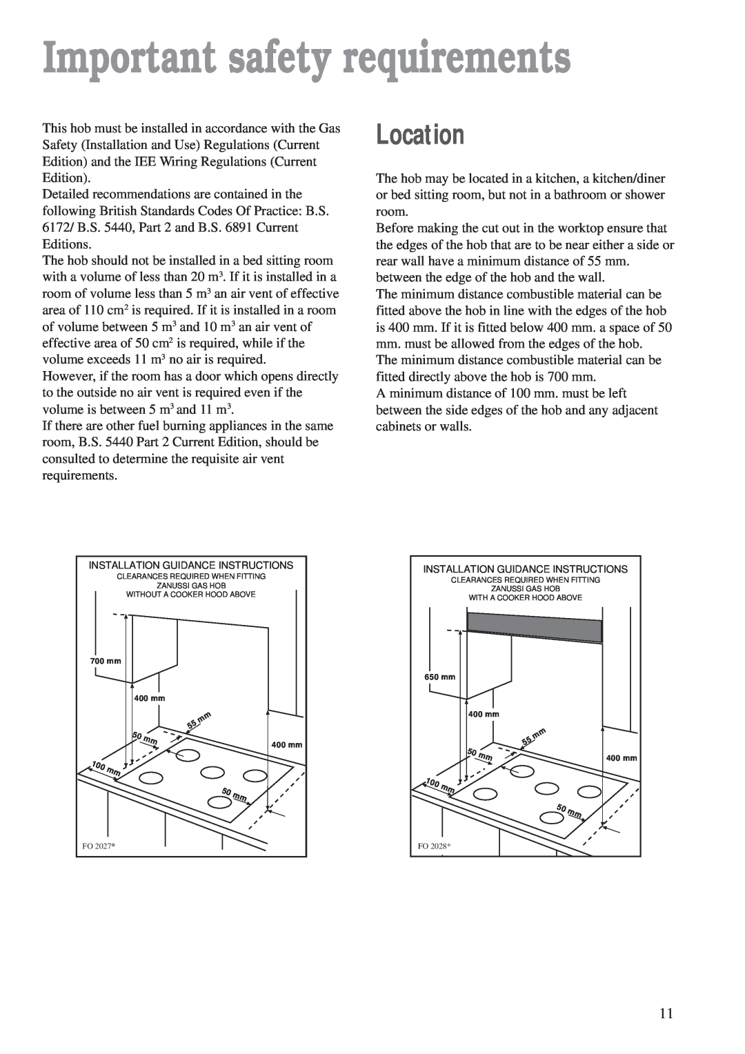 Zanussi ZGF 982 manual Important safety requirements, Location 