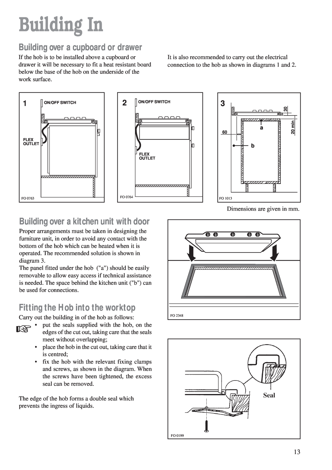 Zanussi ZGF 982 manual Building In, Building over a cupboard or drawer, Fitting the Hob into the worktop, Seal 