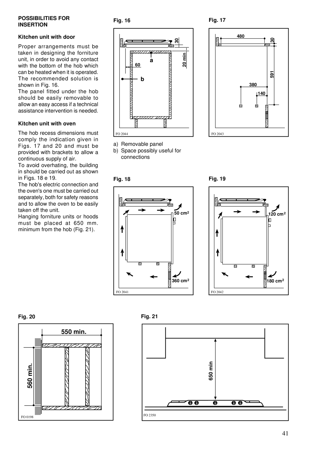 Zanussi ZGF 983 manual Possibilities for Insertion, Kitchen unit with door, Kitchen unit with oven, 650 min 