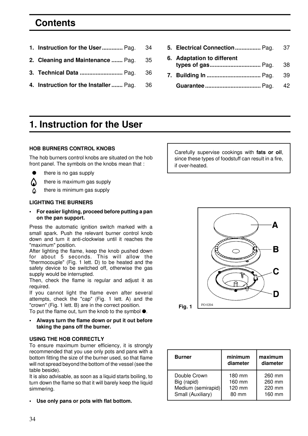 Zanussi ZGF 983 manual Contents, Instruction for the User 