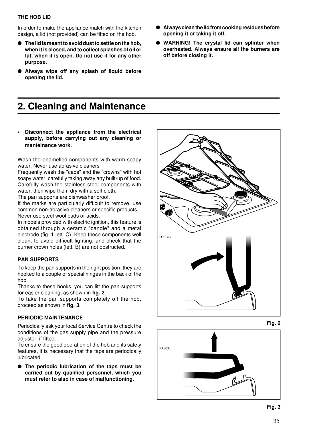 Zanussi ZGF 983 manual Cleaning and Maintenance, Hob Lid, PAN Supports, Periodic Maintenance 