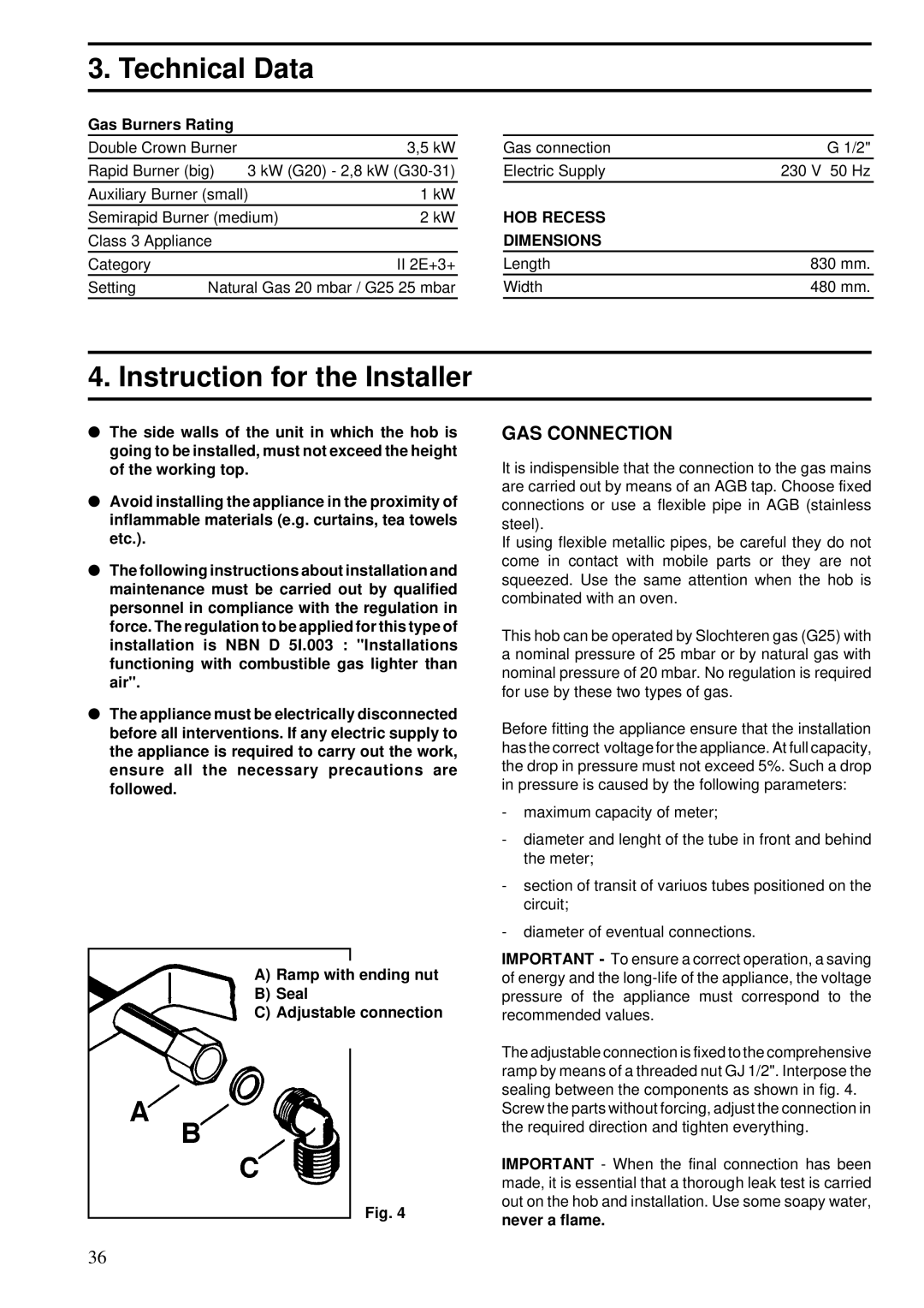 Zanussi ZGF 983 manual Technical Data, Instruction for the Installer, Gas Burners Rating, HOB Recess Dimensions 