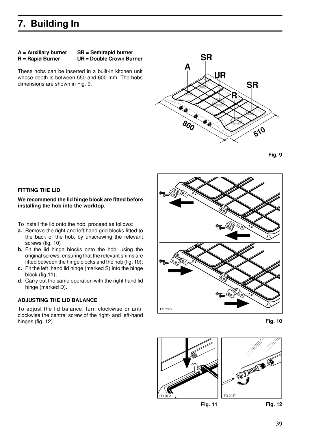 Zanussi ZGF 983 manual Building, = Auxiliary burner SR = Semirapid burner = Rapid Burner, Fitting the LID 