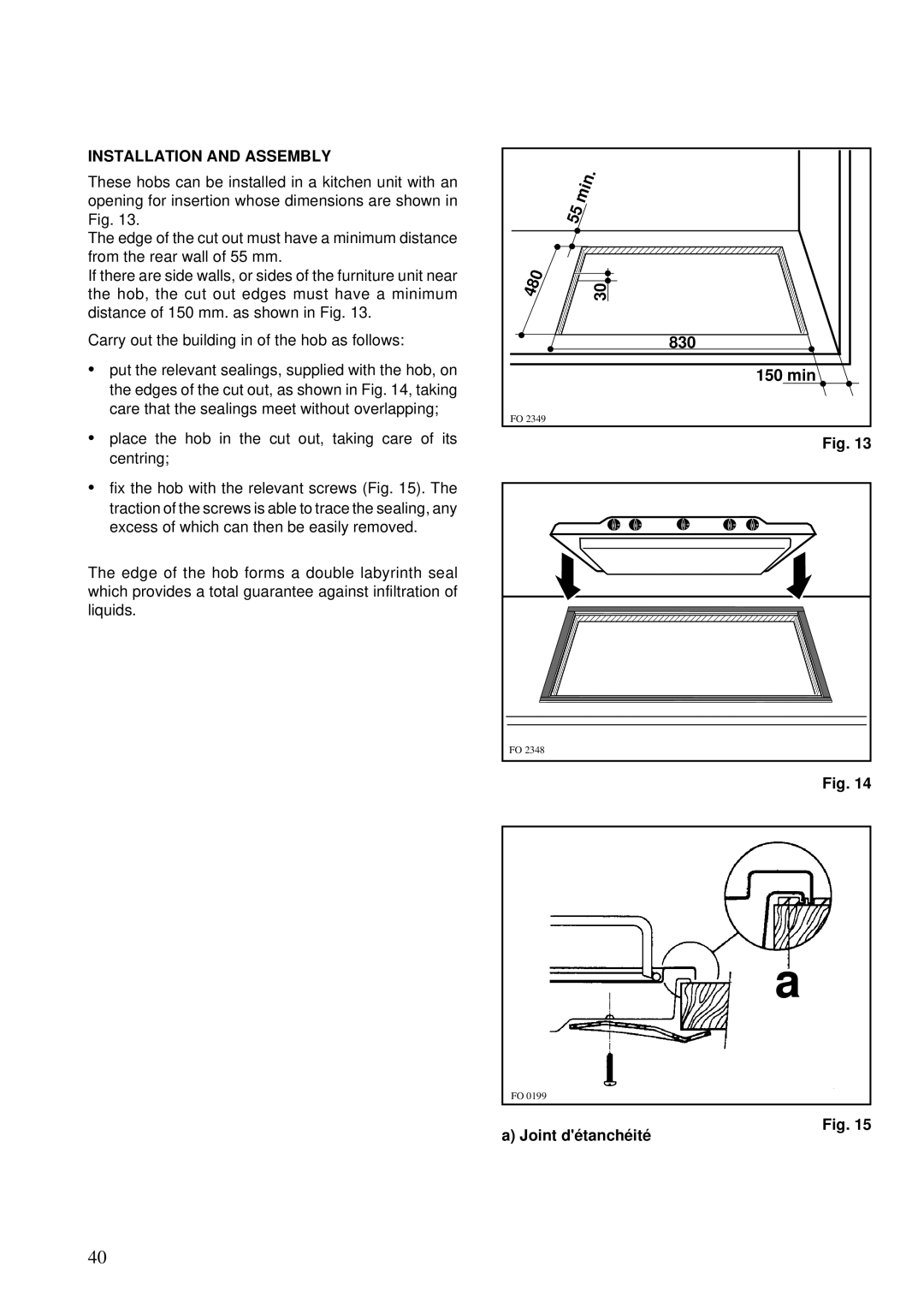 Zanussi ZGF 983 manual Installation and Assembly, Joint détanchéité 