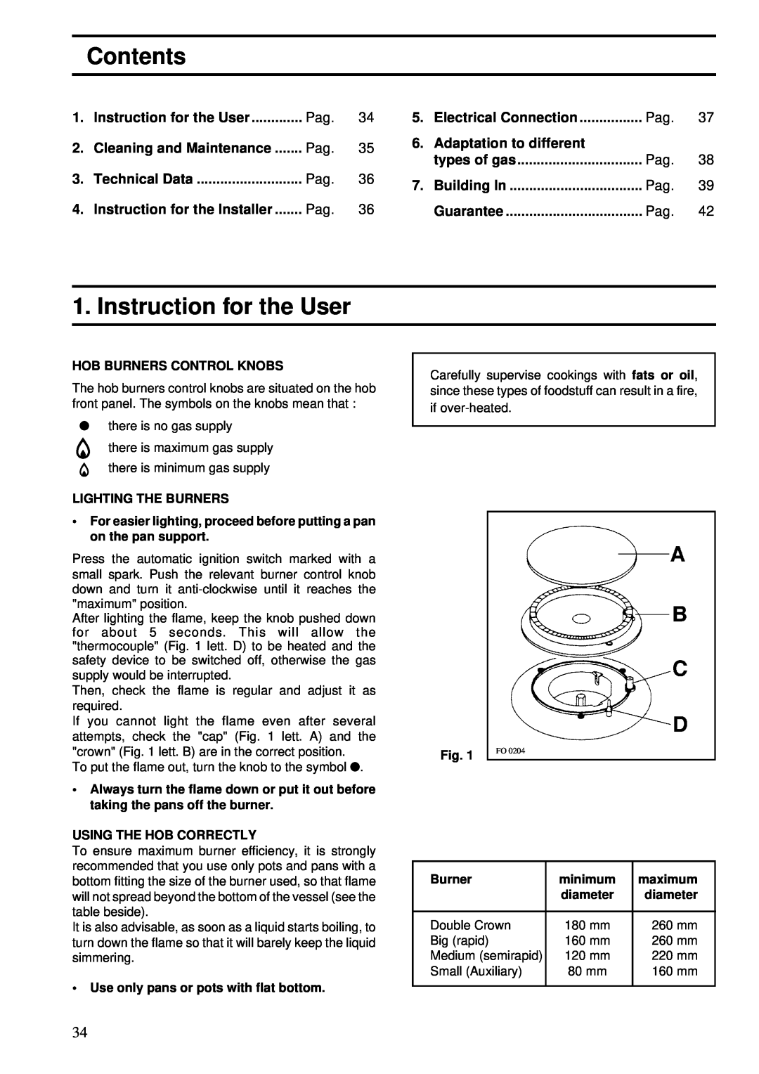 Zanussi ZGF 983 manual Contents, Instruction for the User 