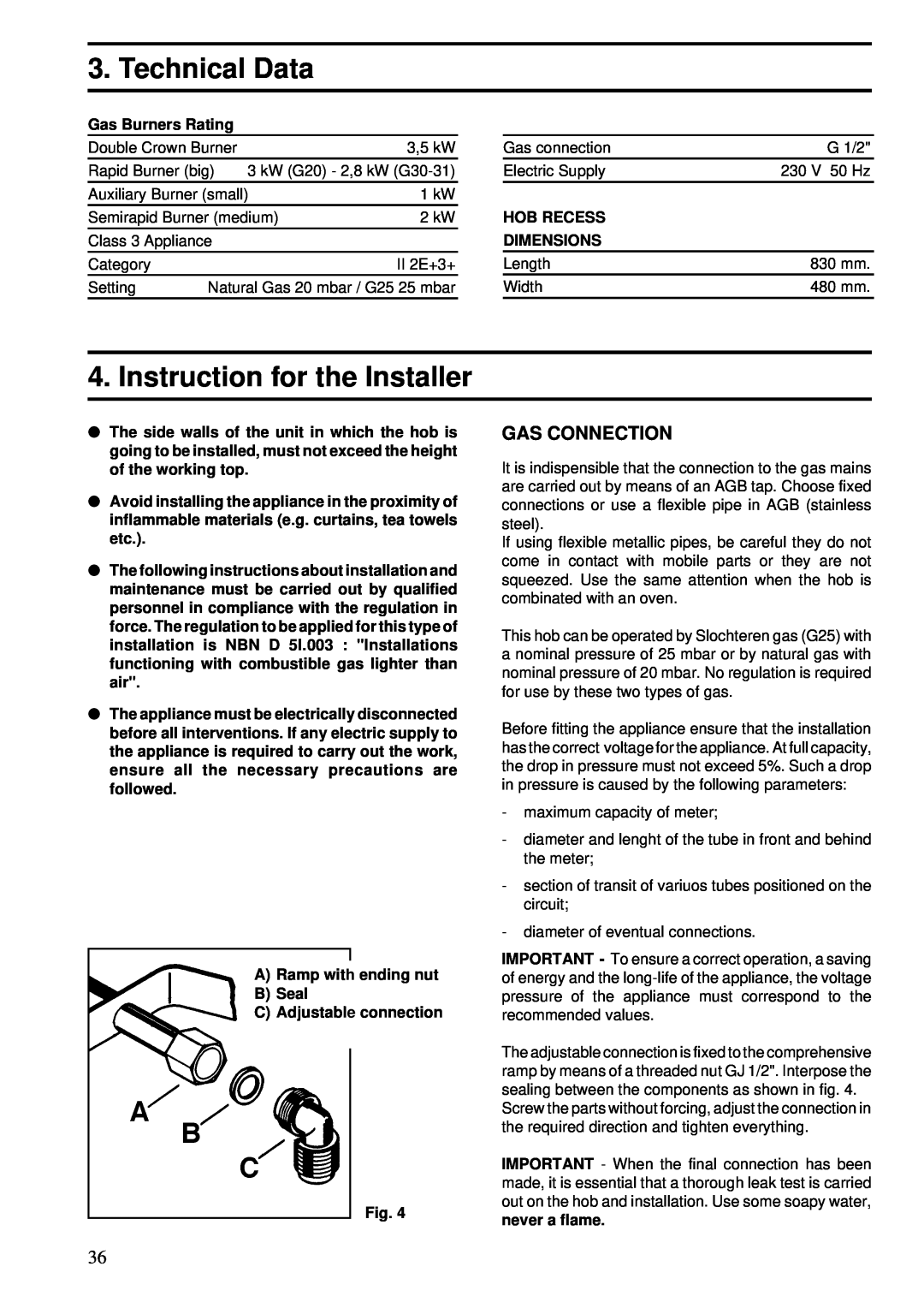 Zanussi ZGF 983 manual Technical Data, Instruction for the Installer, Gas Connection 
